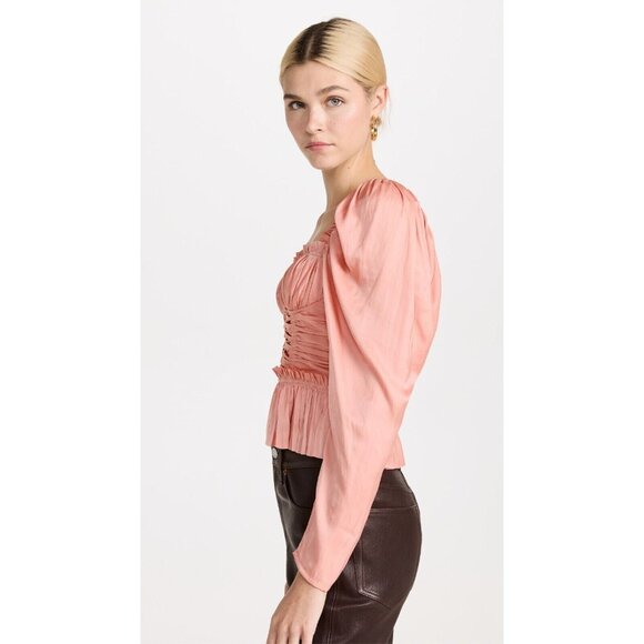 NWT ULLA JOHNSON Mia Tuberose Pink Plisse Satin Corset Peplum Blouse Top, Size 8 - Picture 3 of 16